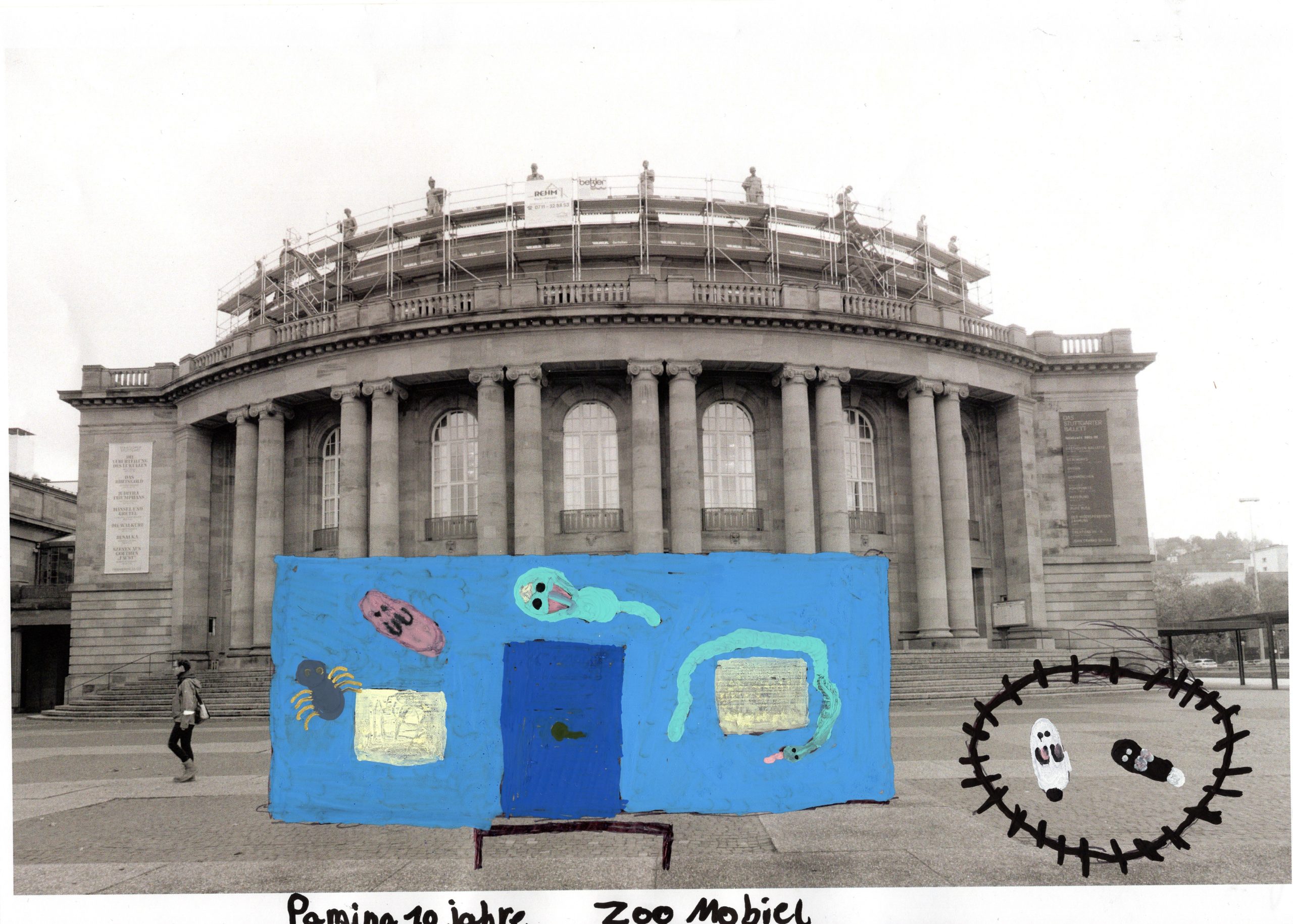 Das Bild zeigt die Oper. Davor ist ein Container eingezeichnet, der ein Aquarium enthält.