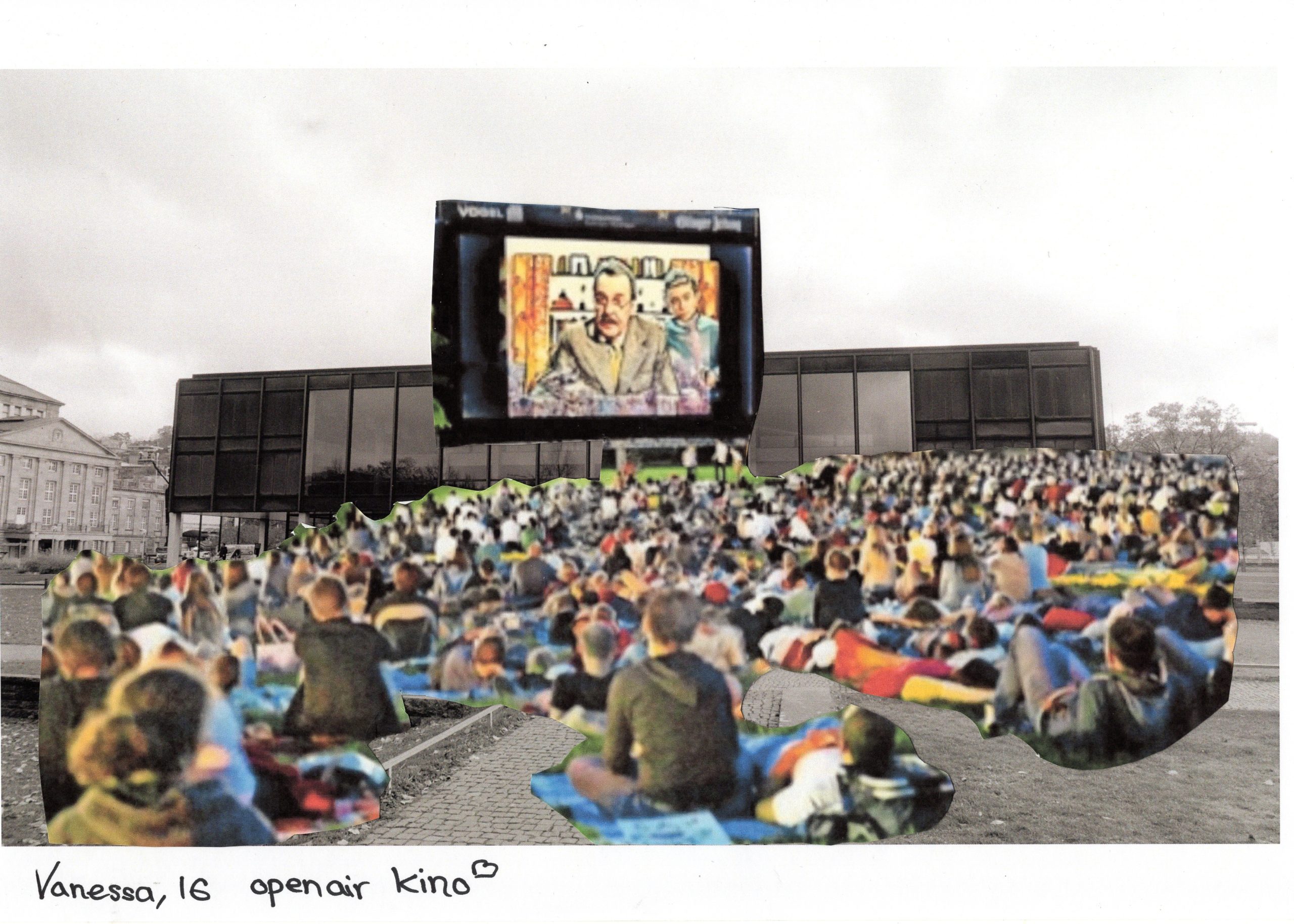 Das Bild zeigt den Landtag - dort ist eine Kinoleinwand angebracht, davor sitzen viele Menschen und genießen einen Kinofilm