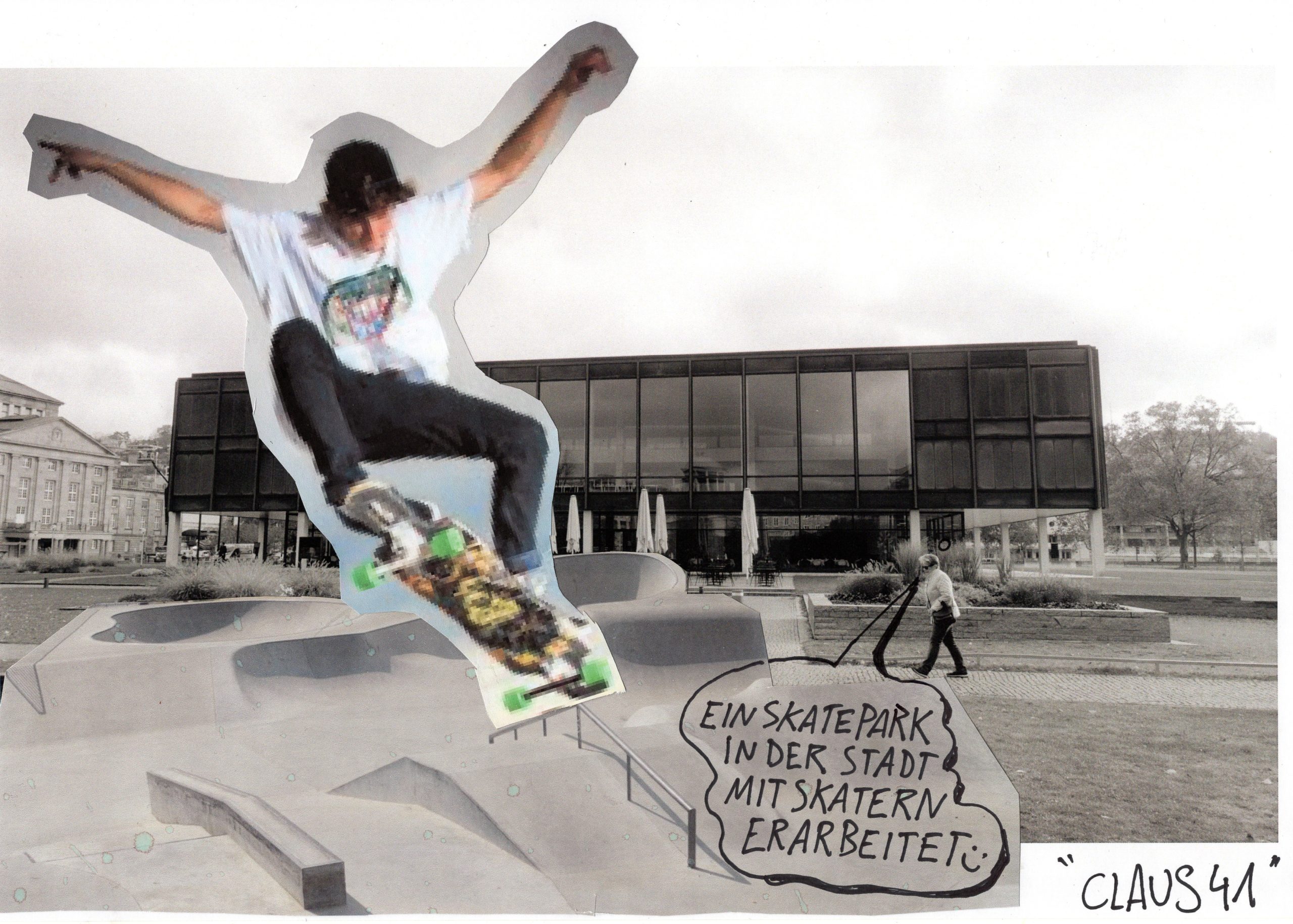 Das Bild zeigt den Landtag, davor sind Skateboardrampen angebracht, ein junger Mann macht einen Skateboardtrick.